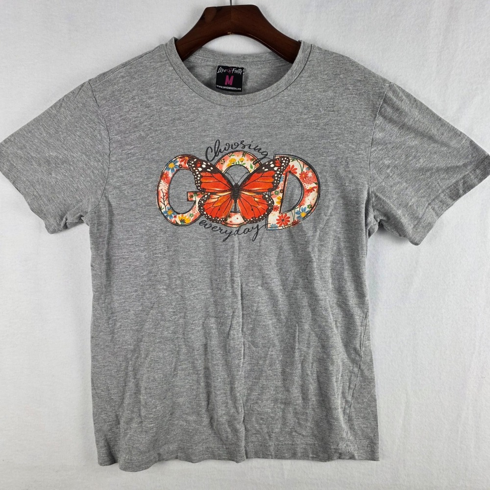 Love in Faith Women's Gray Choosing God Butterfly Graphic Tee Size M